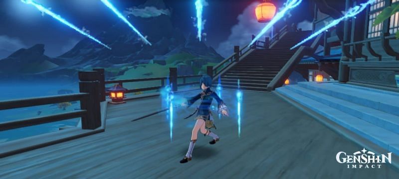 Xingqiu's elemental burst "Guhua Sword: Raincutter" in action